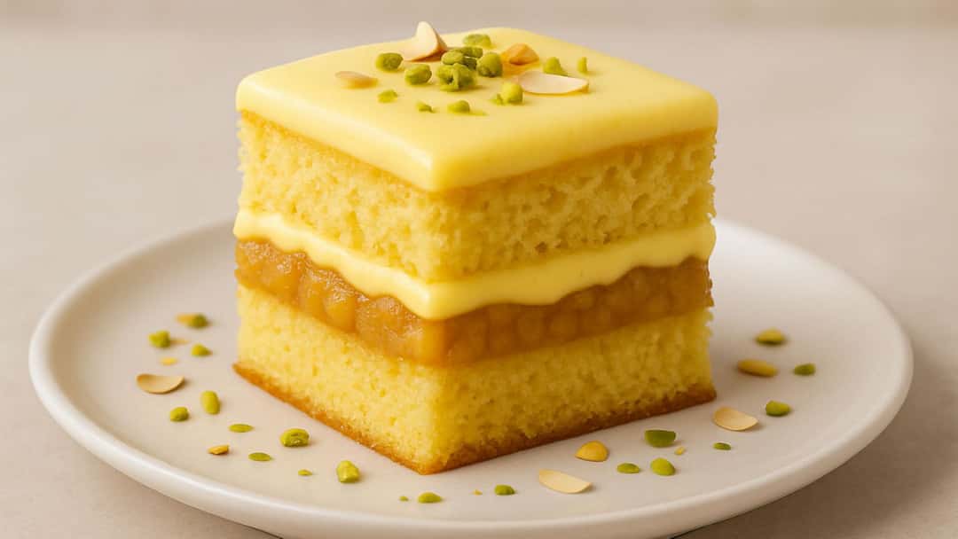 Sweet puran poli and custard layer cake slice on a plate