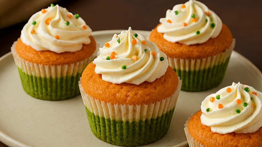 Tricolour cupcakes with orange, white, and green layers