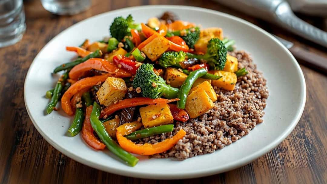 Vegetable and tofu stir-fry with millets on a plate