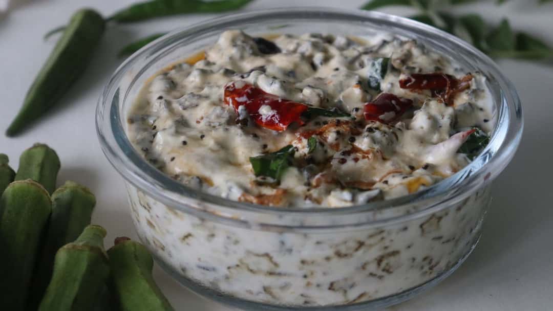 Top view of vendakkai pachadi in a bowl