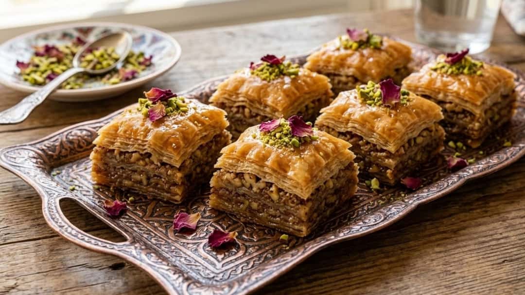 Golden Walnut Baklava squares with pistachio and rose petal