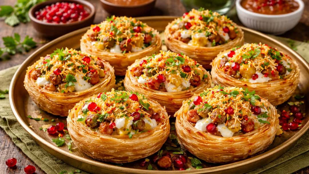 Crispy lachcha paratha baskets filled with chaat toppings, curd, chutneys, and sev