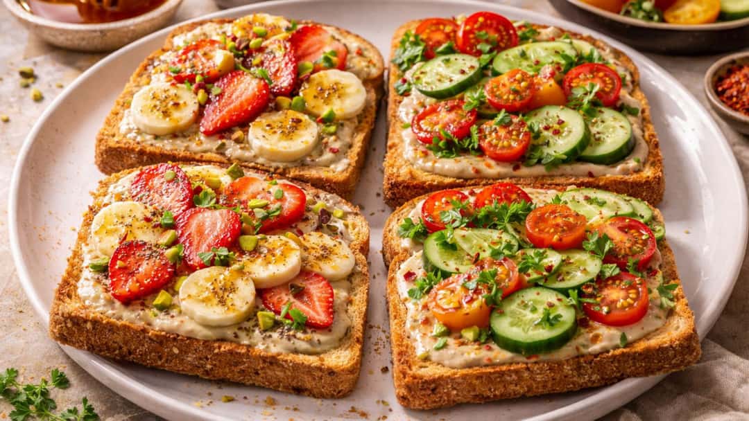 Crispy tahini toast served in sweet and savoury variations with fruits and herbs