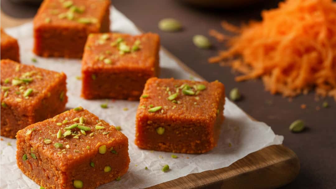 Gajar barfi squares garnished with pistachios served on a plate