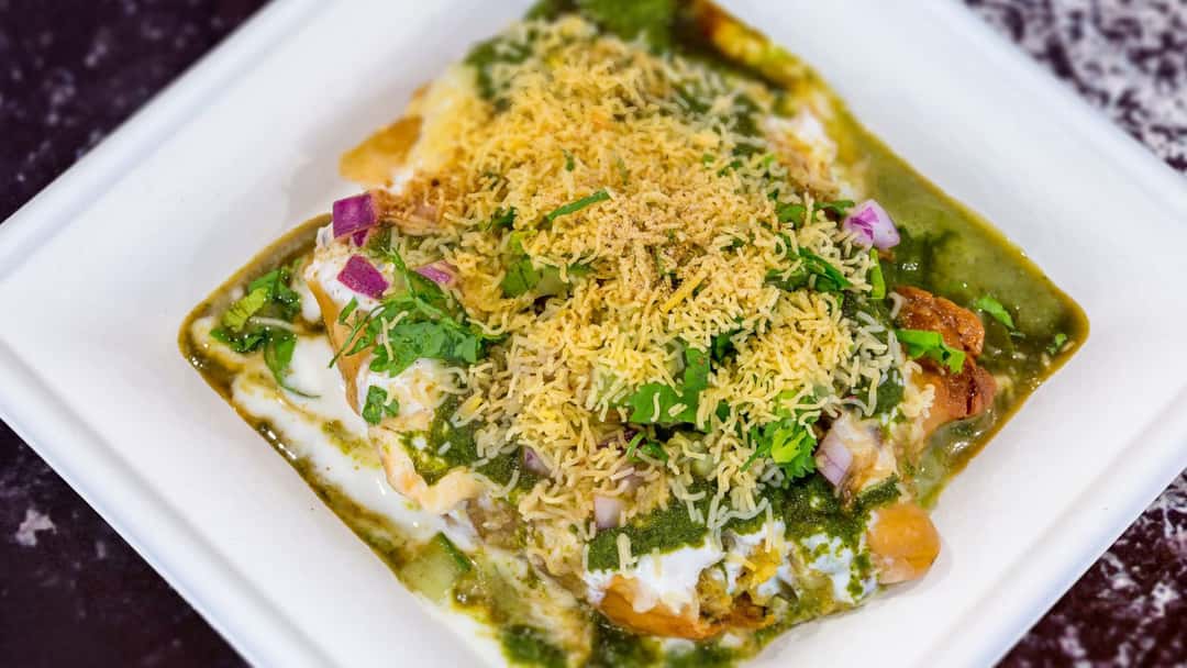 Chole Samosa Chaat on a plate