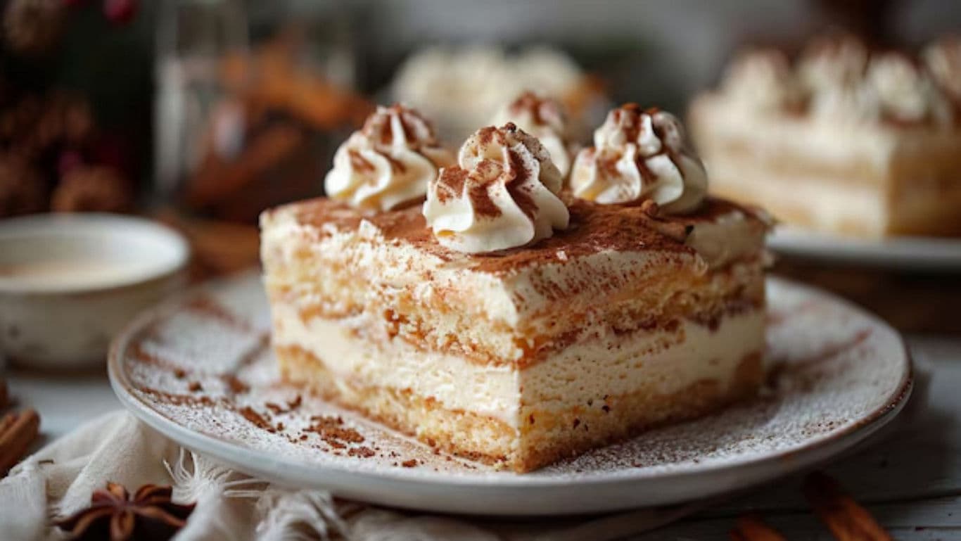 Slice of creamy tiramisu dessert on plate