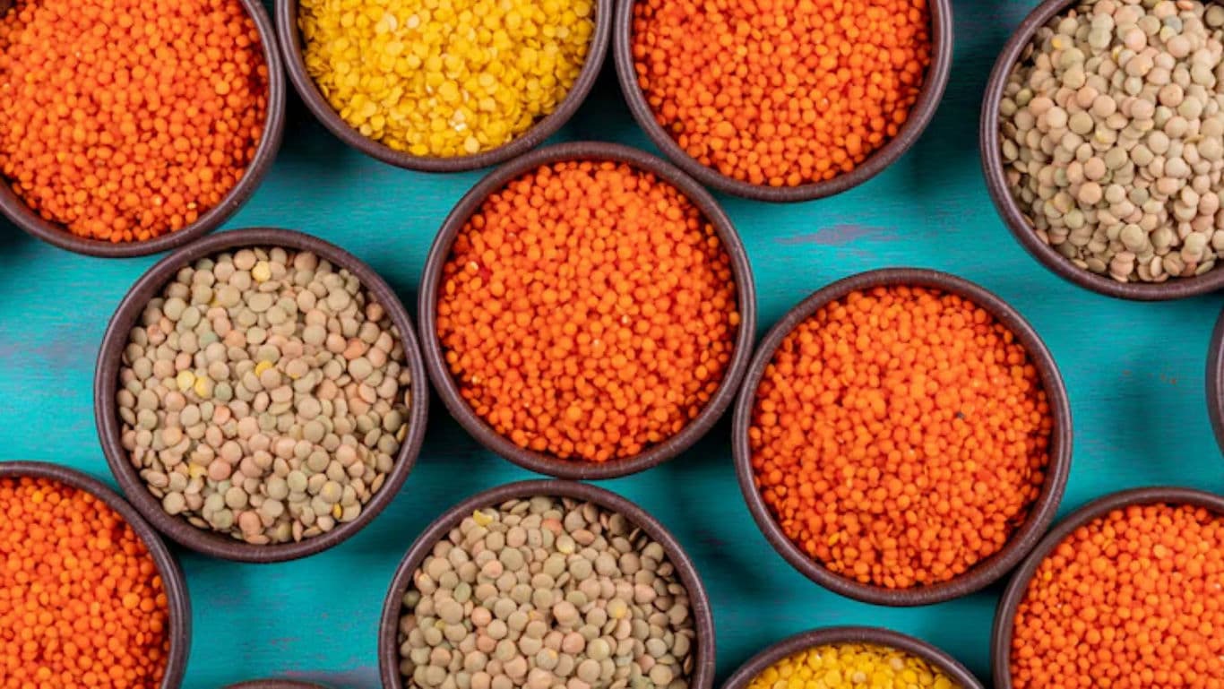 Assorted Lentils and Pulses in Bowls on Teal Surface