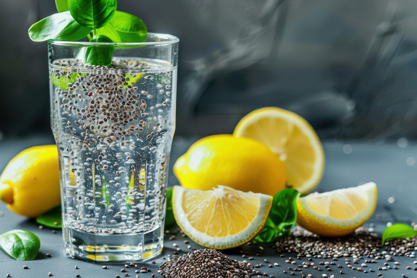Arrangement of water chia seeds lemon on table