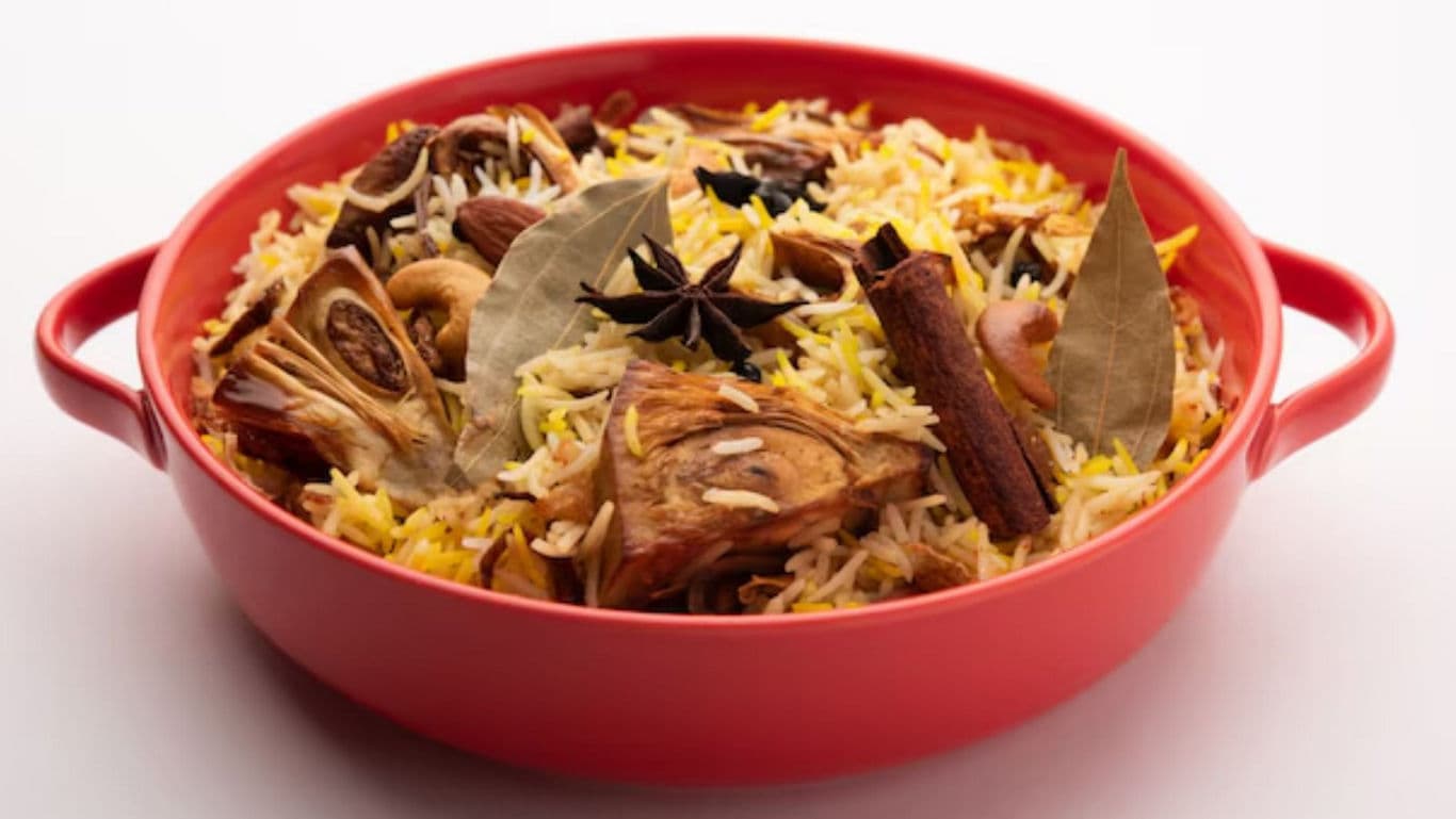 Spiced Vegetable Biryani in Red Serving Bowl