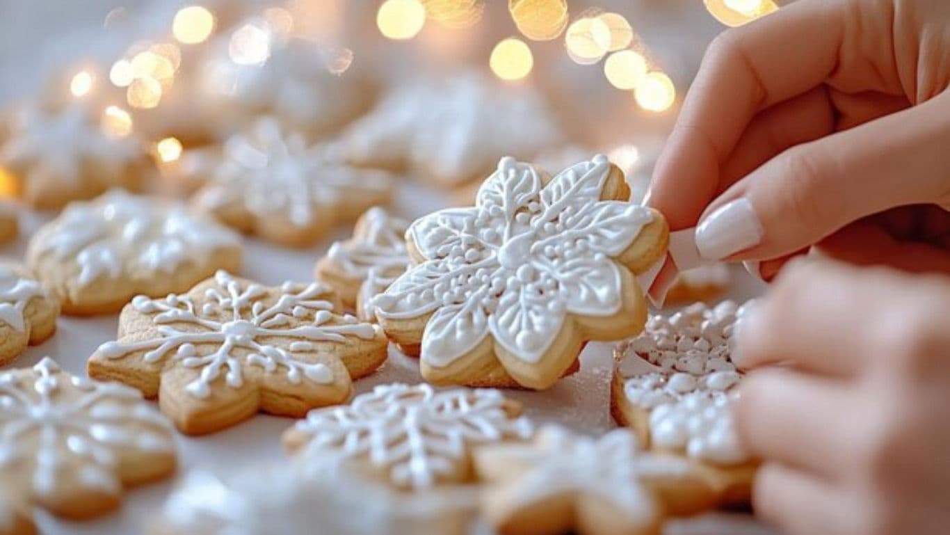 Hand Decorating Snowflake Shaped Iced Cookies