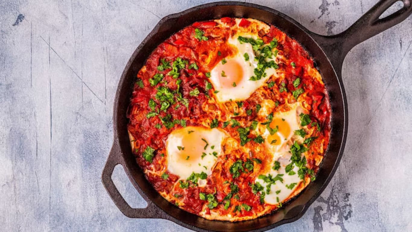Shakshuka with Eggs in Cast Iron Skillet