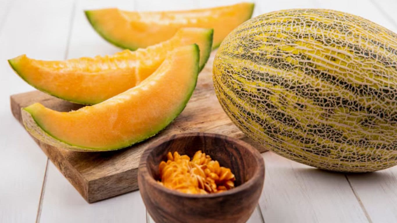 Fresh melon slices and whole melon on board