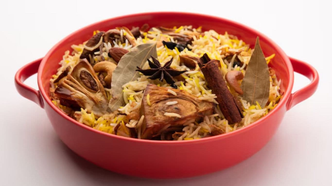 Traditional Vegetable Biryani in Red Serving Bowl