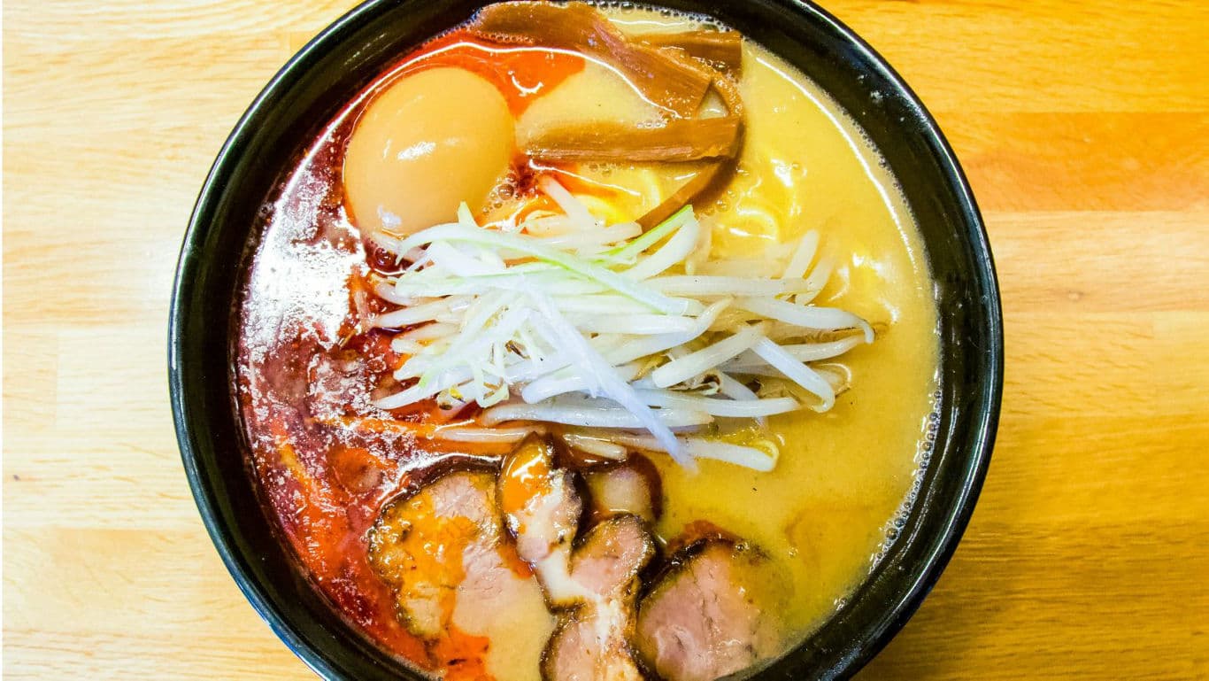Colorful bowl of Japanese ramen soup