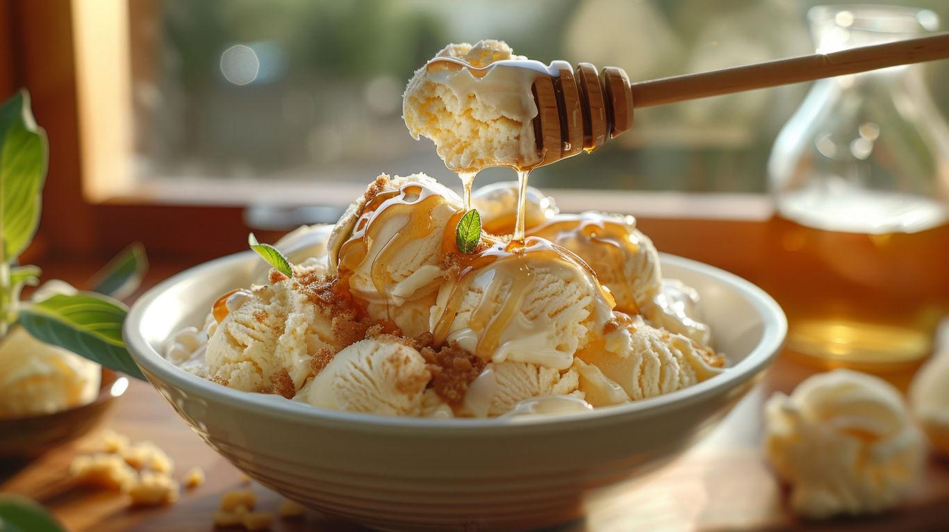 try pouring honey sauce on cottage cheese ice cream for a delightful mix of sweet and savory flavors, perfect for satisfying dessert cravings