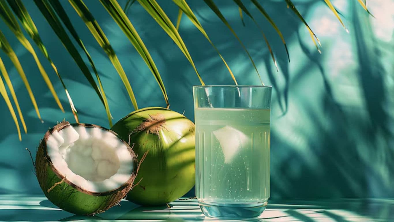 Fresh coconut water glass with tropical shadows