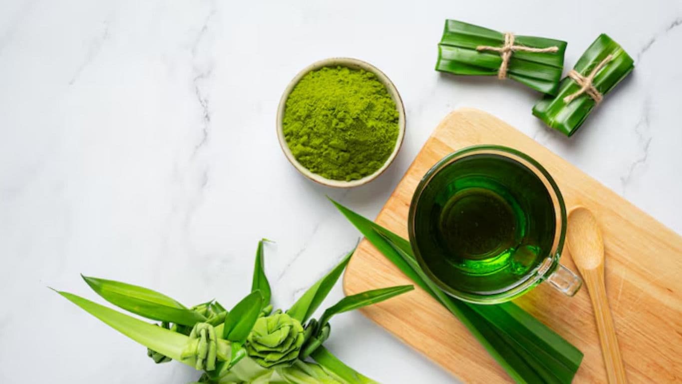 Pandan Leaf Tea and Powder on Marble Surface