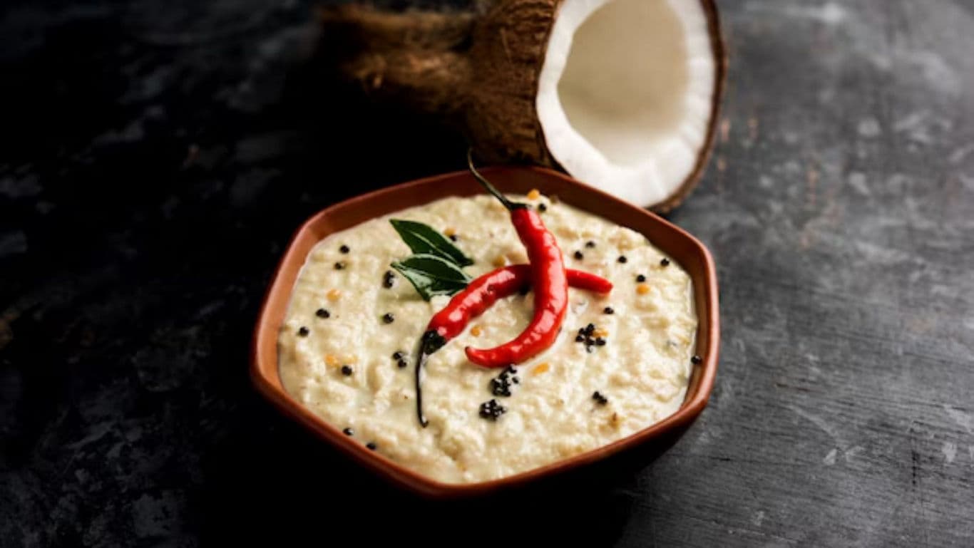 Coconut chutney with red chilies garnish