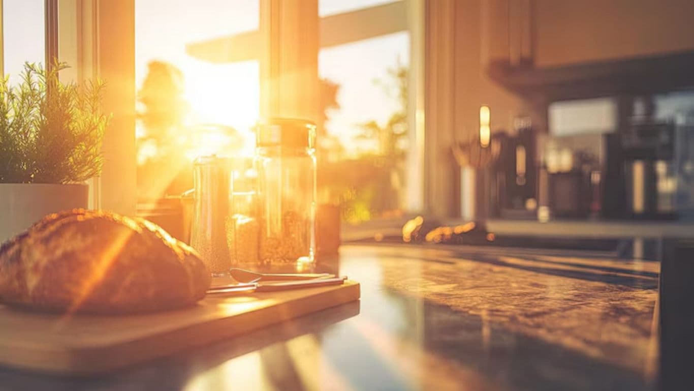 Sunlit Kitchen Counter with Fresh Bread and Jars