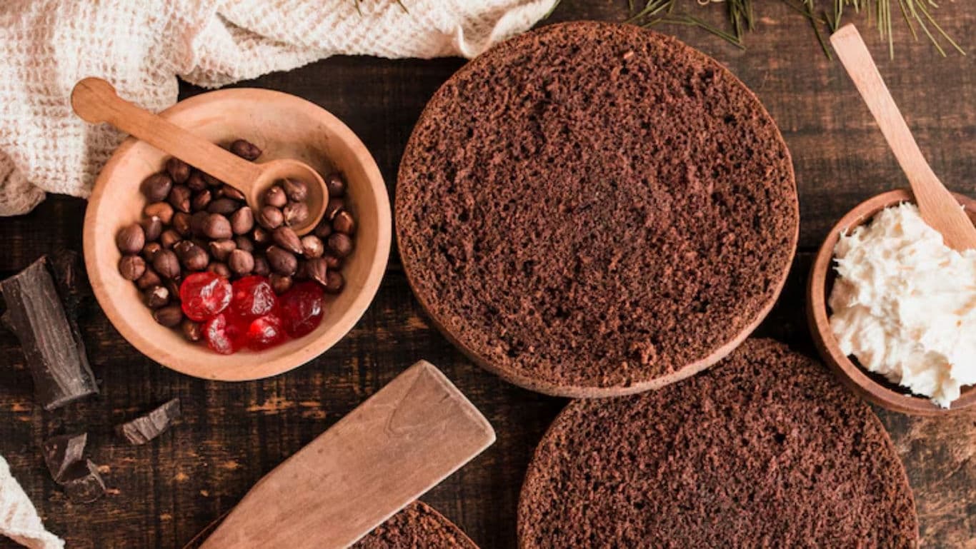 Chocolate cake layers with coffee and cream ingredients