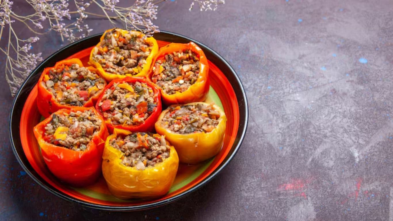Colorful stuffed bell peppers with ground meat filling