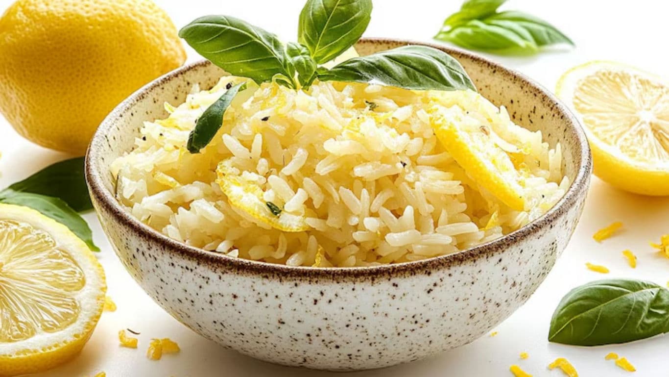 Lemon rice in rustic ceramic bowl