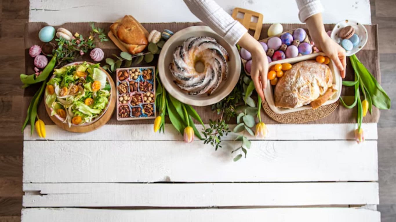 Festive Easter Table with Bread and Colorful Eggs