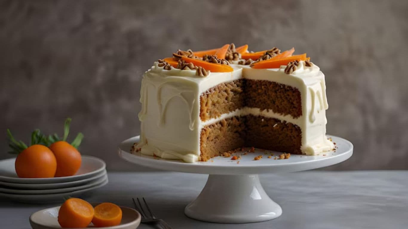Frosted carrot cake with sliced oranges on table