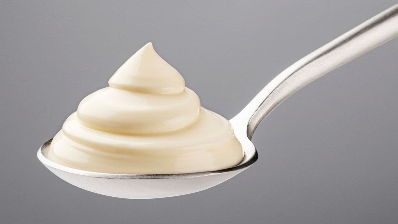 Spoonful of creamy white mayonnaise on gray background
