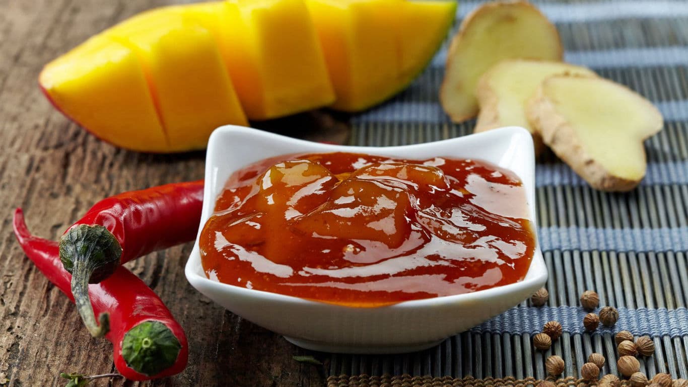 Mango Chili Sauce in White Bowl with Fresh Ingredients