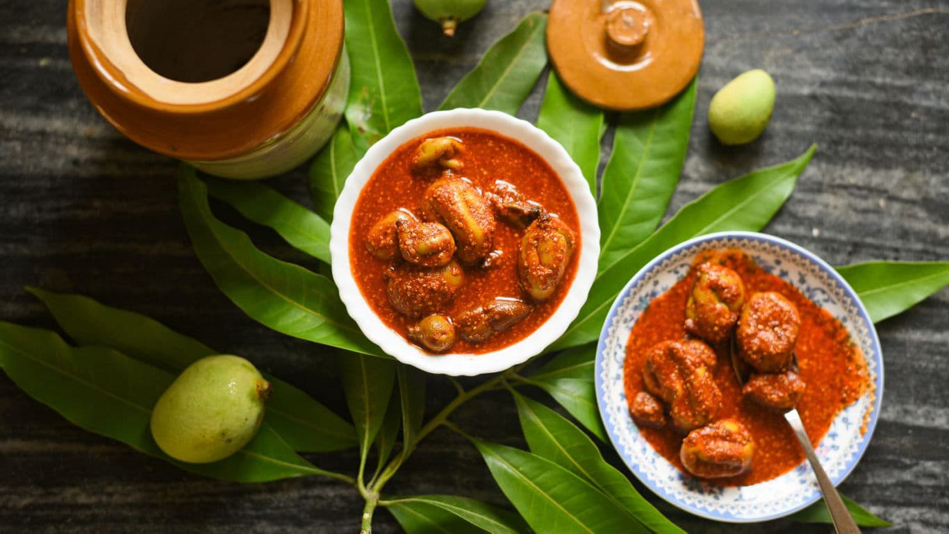 Traditional Indian Mango Pickle in Ceramic Bowls