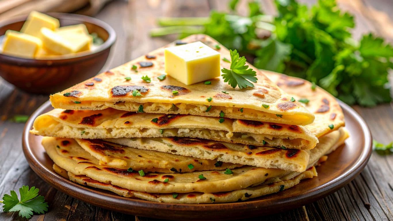 Stack of stuffed flatbreads with butter garnish
