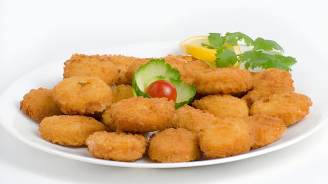 Air-fried jackfruit nuggets on a white plate