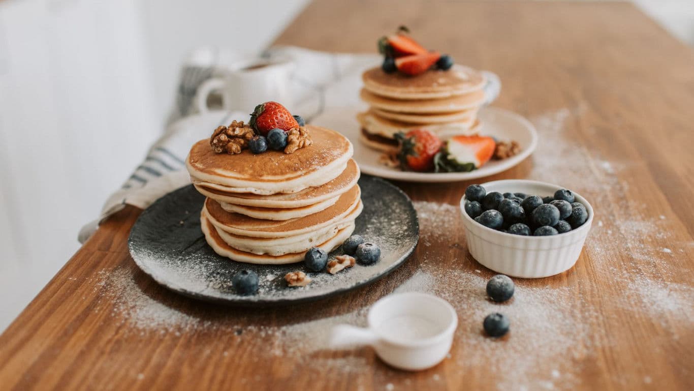 Stacked Pancakes with Berries and Walnuts