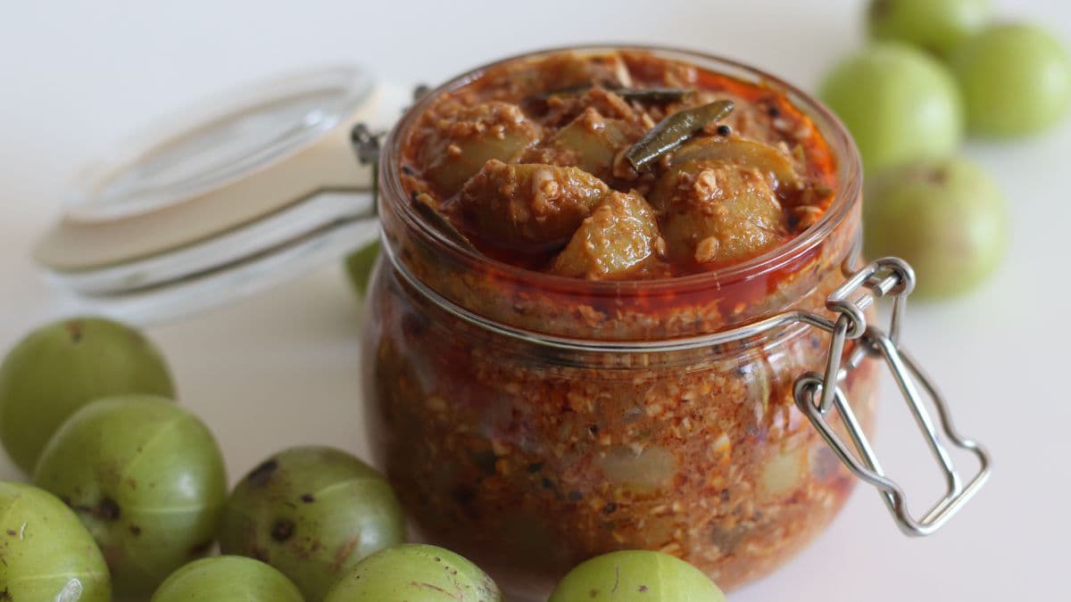 Amla achar in a glass jar