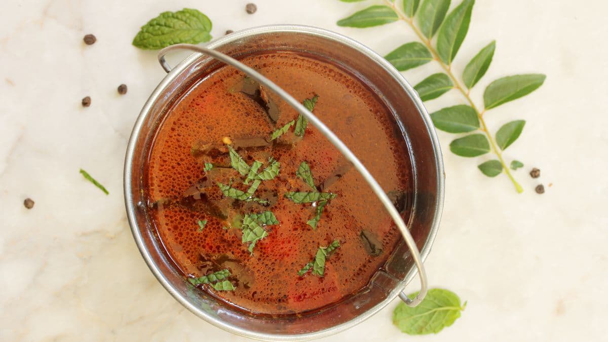 Top view of rasam in a bowl