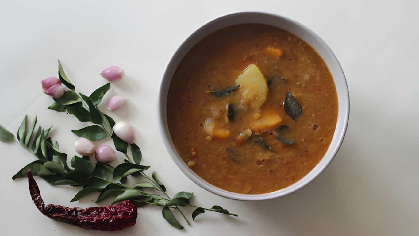 South Indian sambar with curry leaves and spices