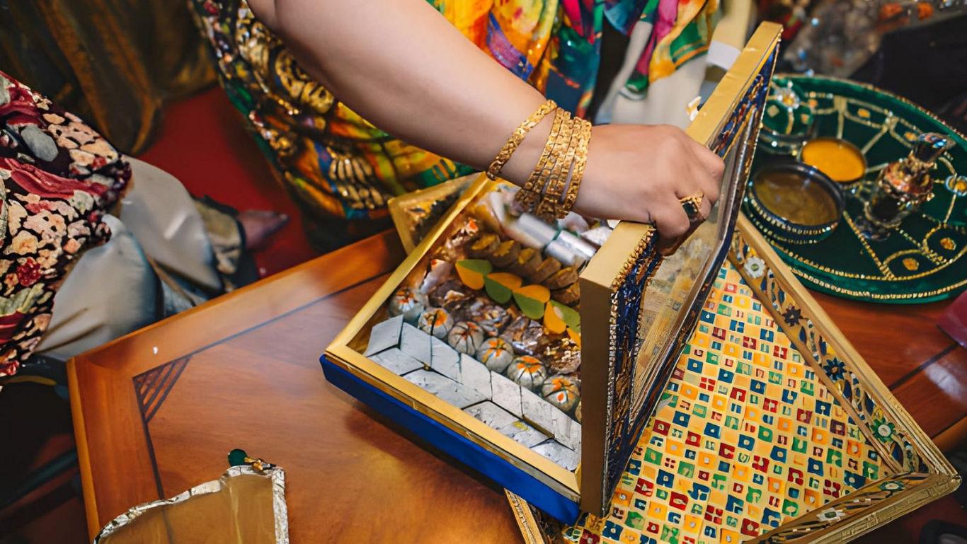 Hand opening festive box of Indian sweets