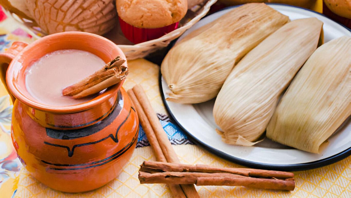 Traditional tamales with cinnamon drink