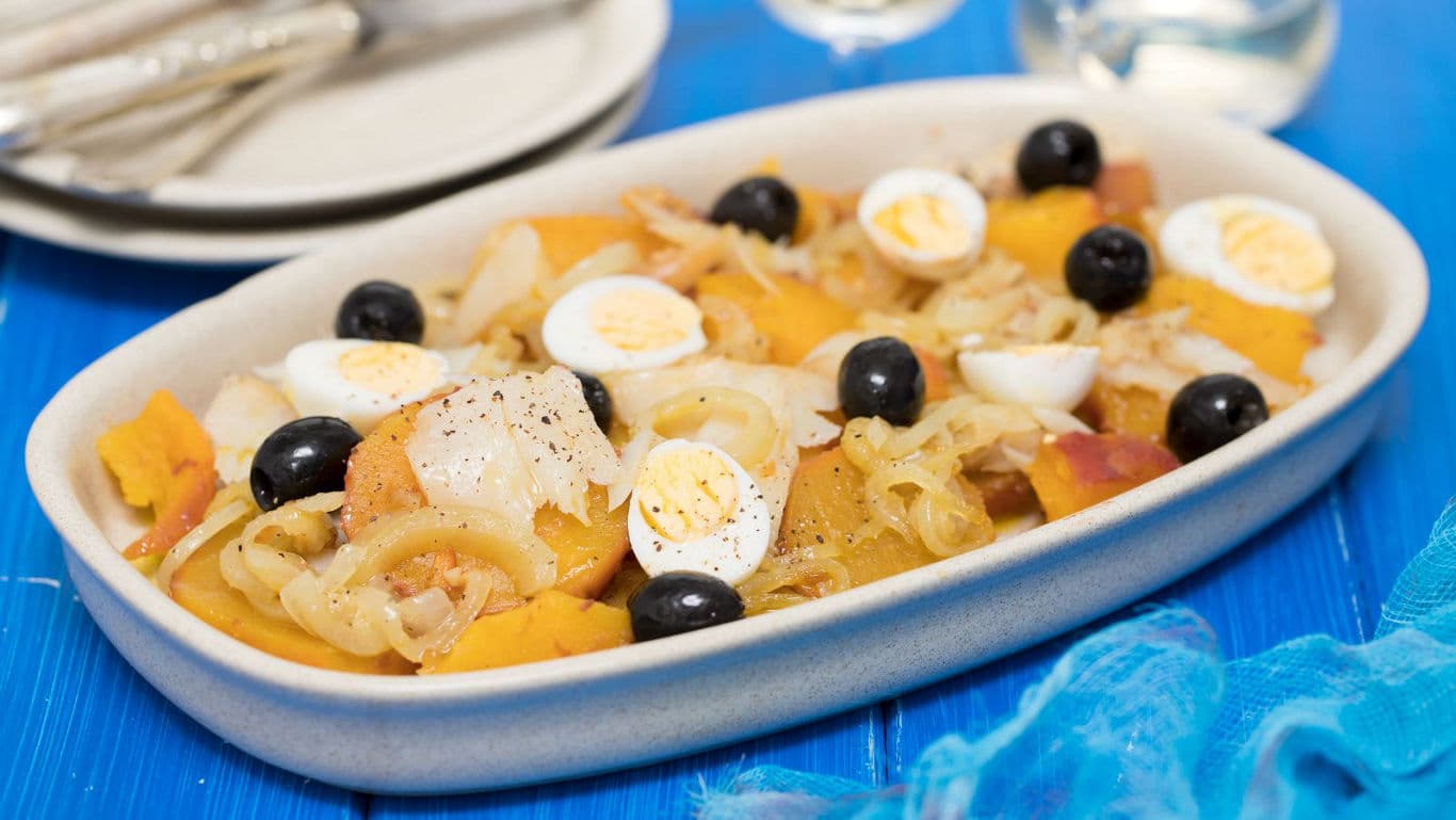 Baked Cod with Eggs, Olives, and Vegetables