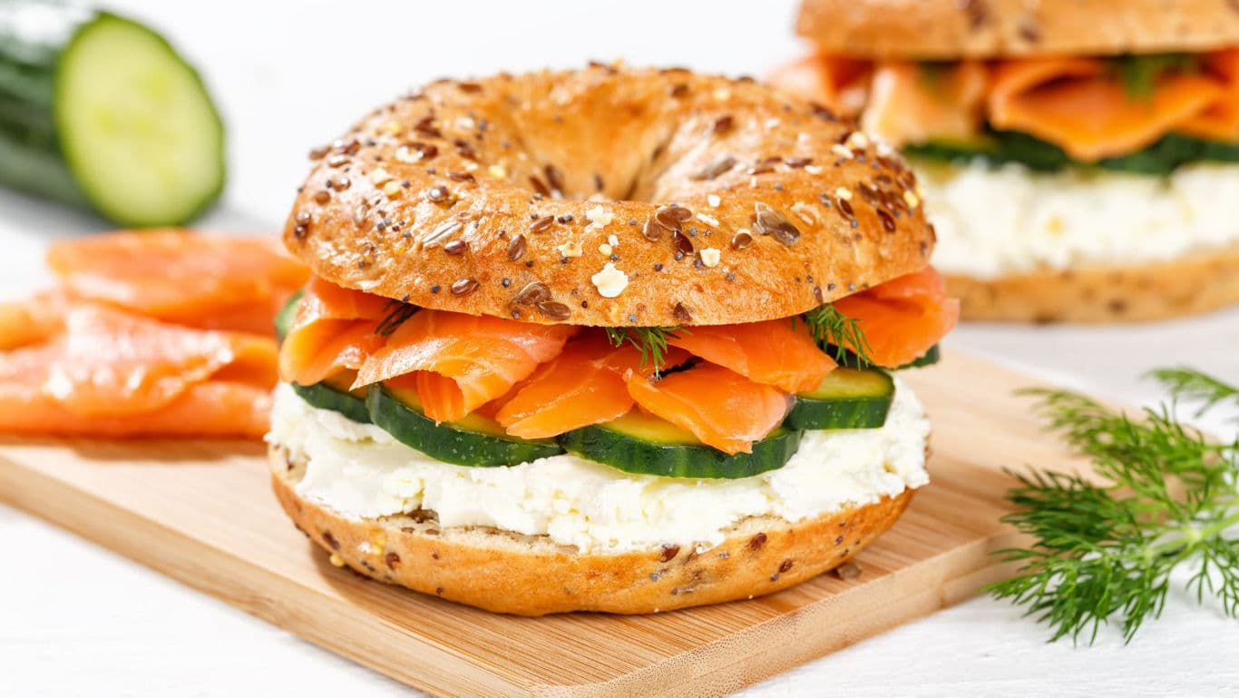 Gourmet smoked salmon and cream cheese bagel