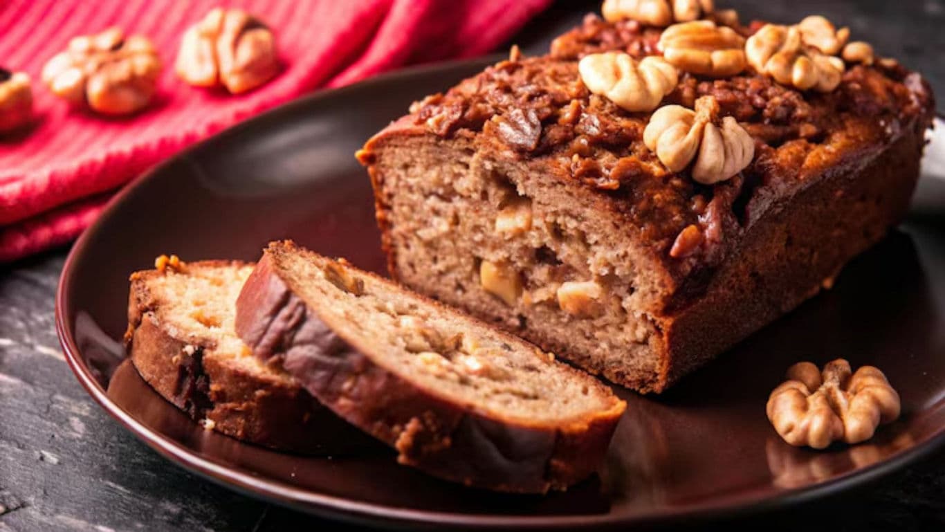 Homemade walnut loaf cake with slices