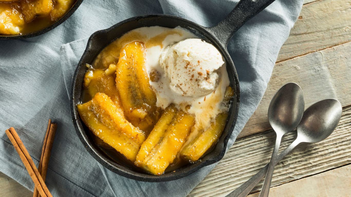Caramelized bananas foster dessert with ice cream