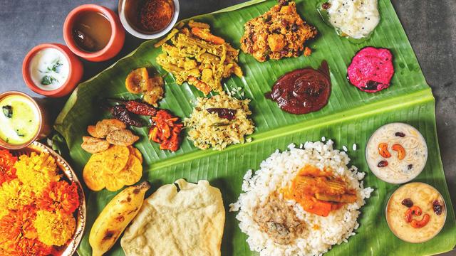 Onam sadya feast on a banana leaf