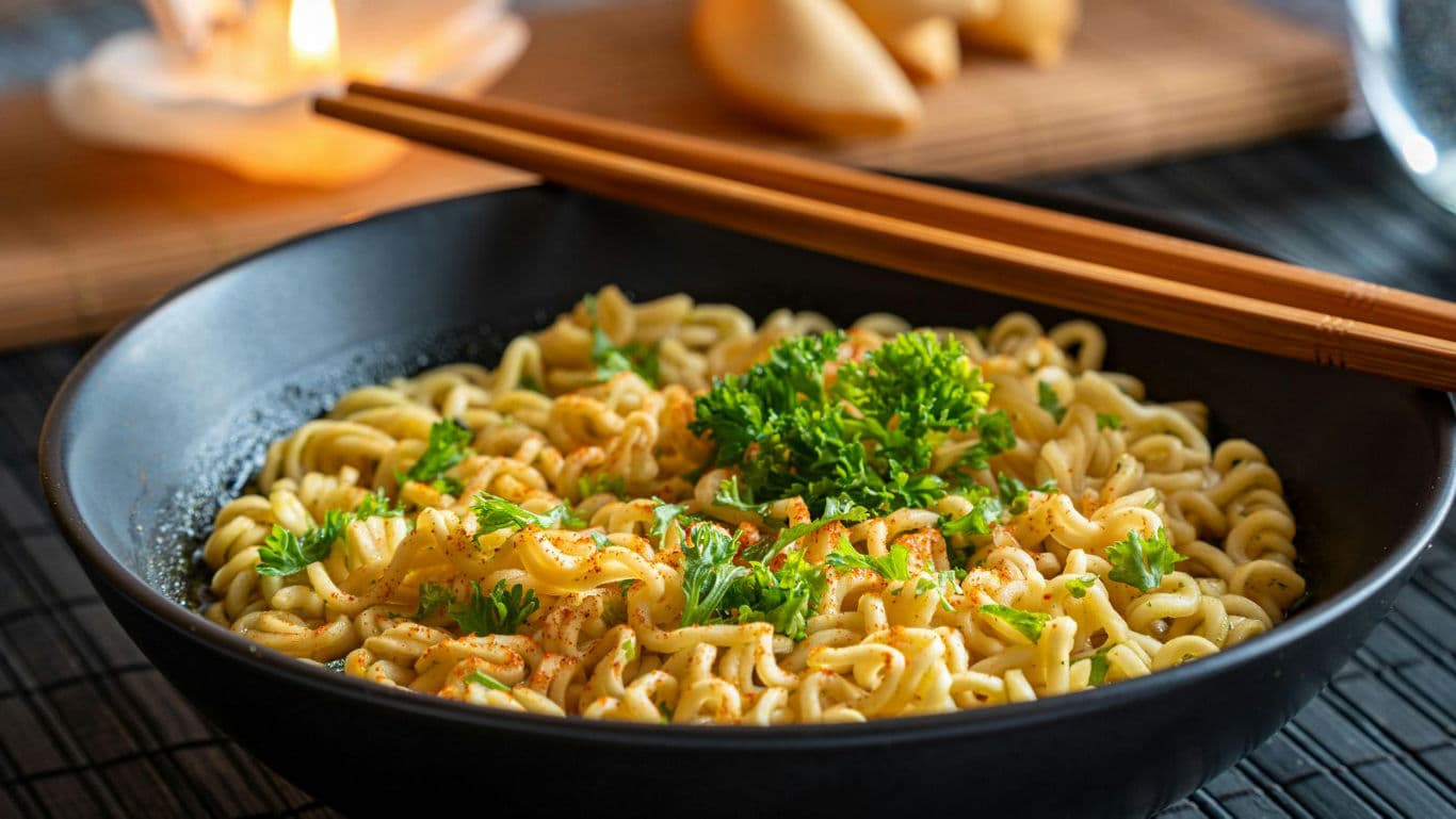 Bowl of Instant Noodles with Fresh Parsley Garnish
