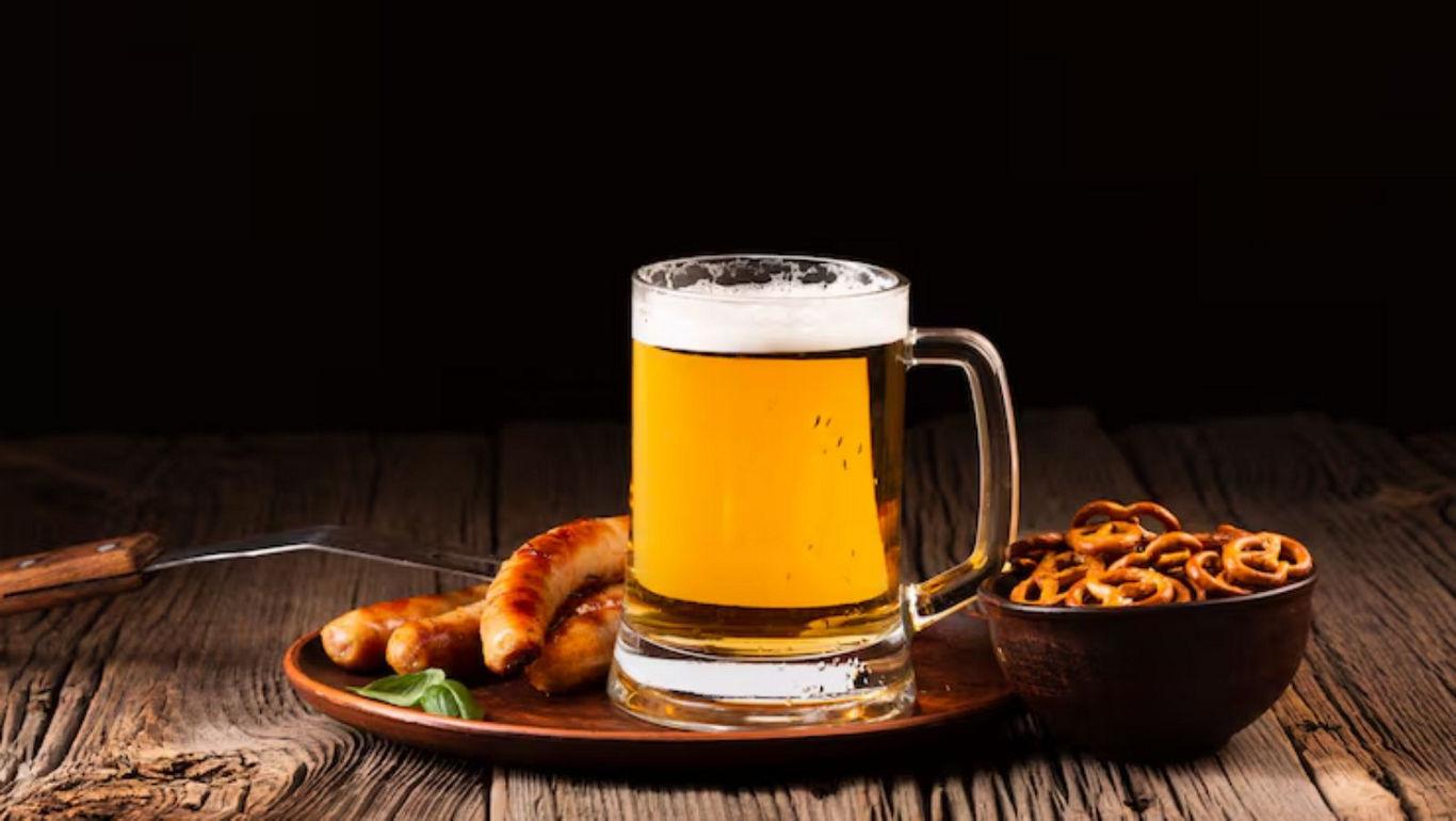 Mug of Beer with Sausages and Pretzels