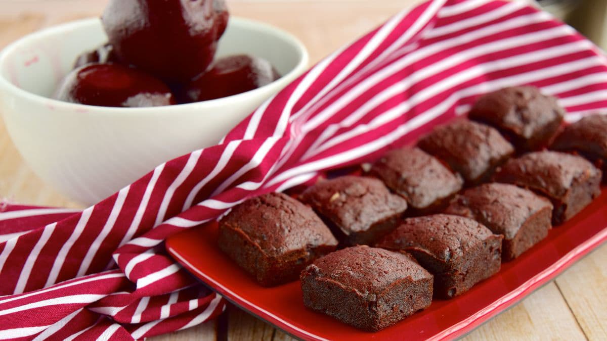 plate of brownies with beetroot bowl