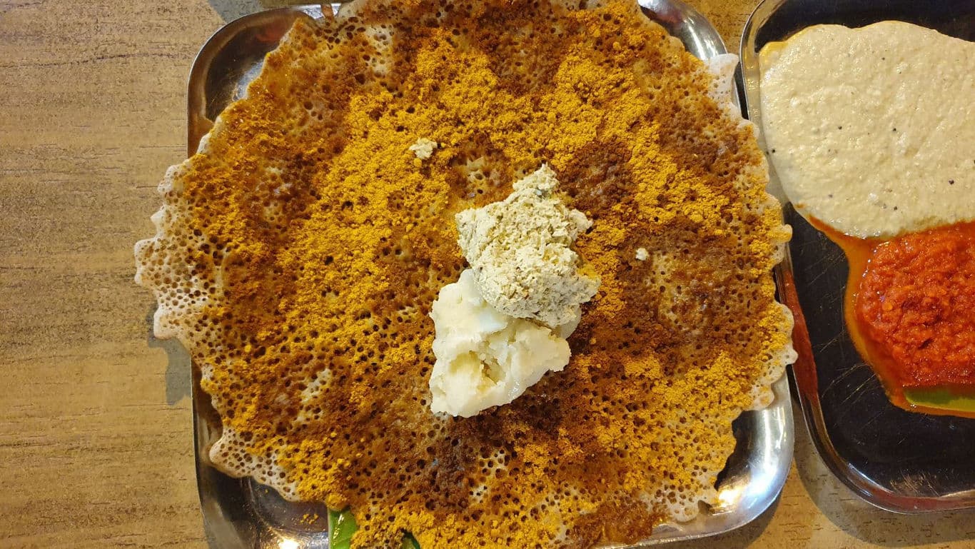 South Indian dosa with chutneys on plate
