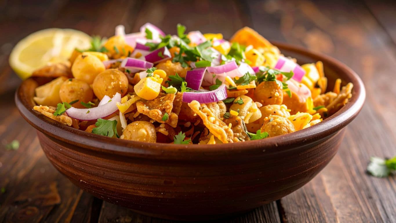 Colorful Indian chickpea chaat in bowl