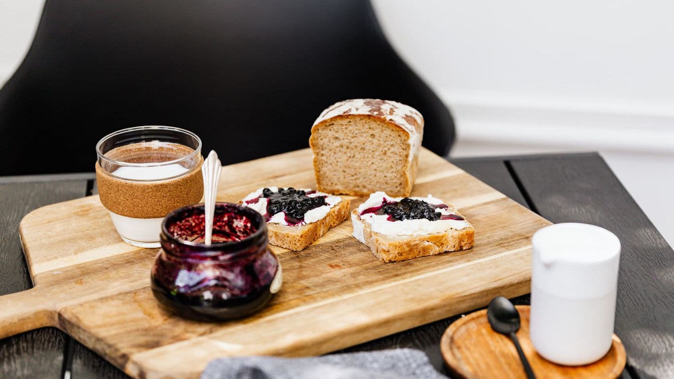 Breakfast toast with jam and fresh bread